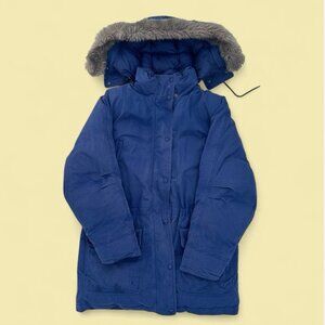 Vintage LL Bean Blue Goose Down Full Zip Button Down Parka Jacket & Hood Size M